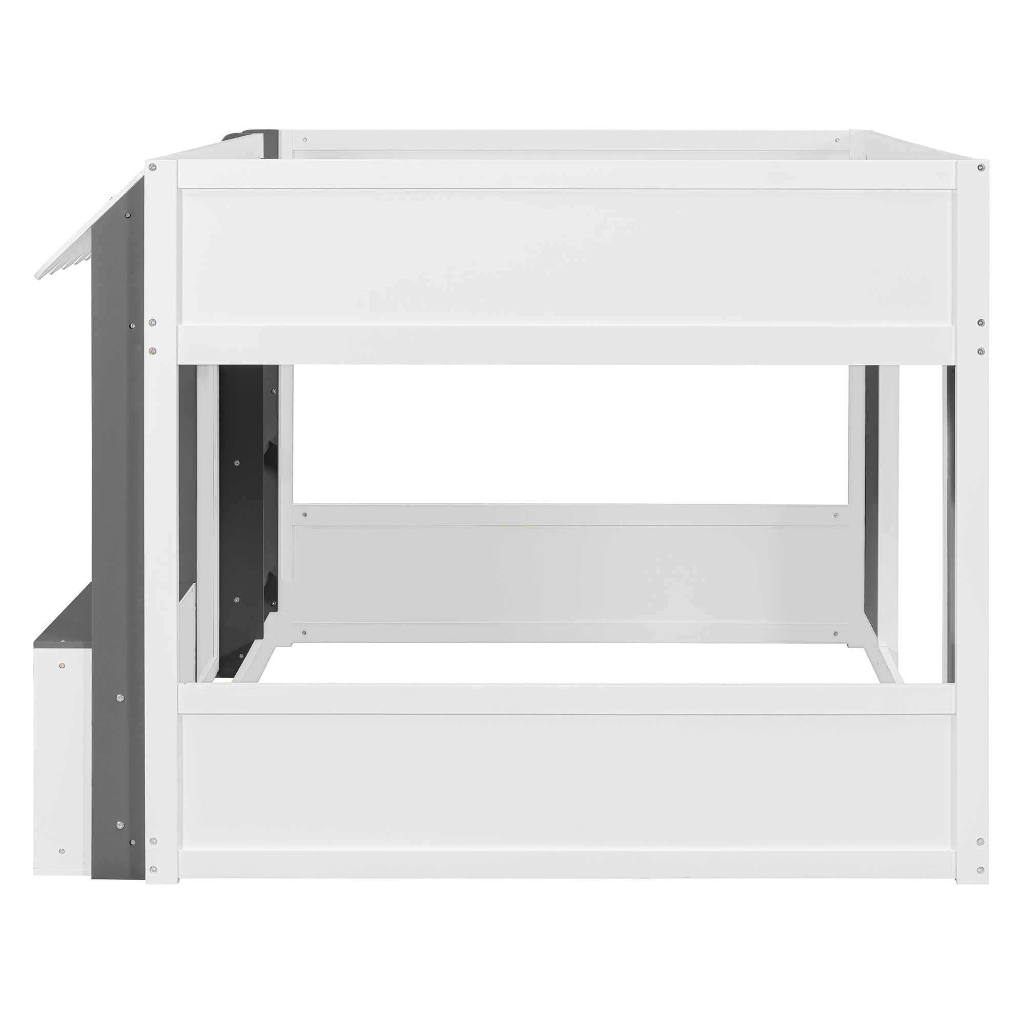 Full Loft House Bed with Playhouse & Storage, Modern Wood Cabin Bed for Kids/Teens, White+Gray