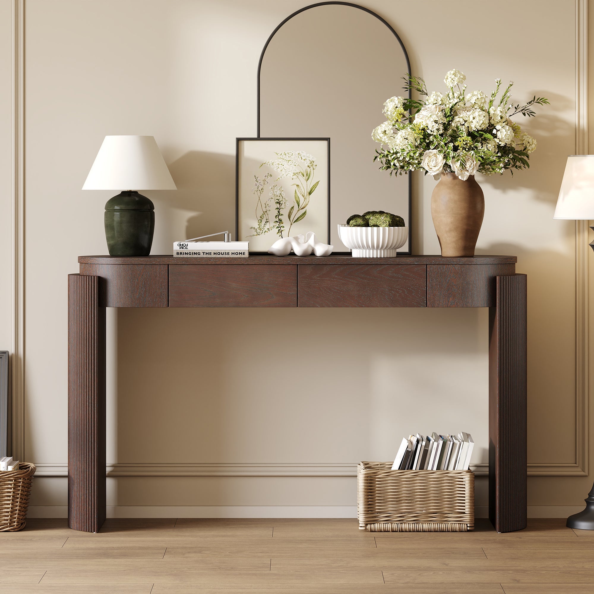 TREXM Entryway Table with Natural Wood Grain Finish, Console Table with Fluted Design, Oval Top and 2 Drawers for Entryway and Living Room (Espresso)