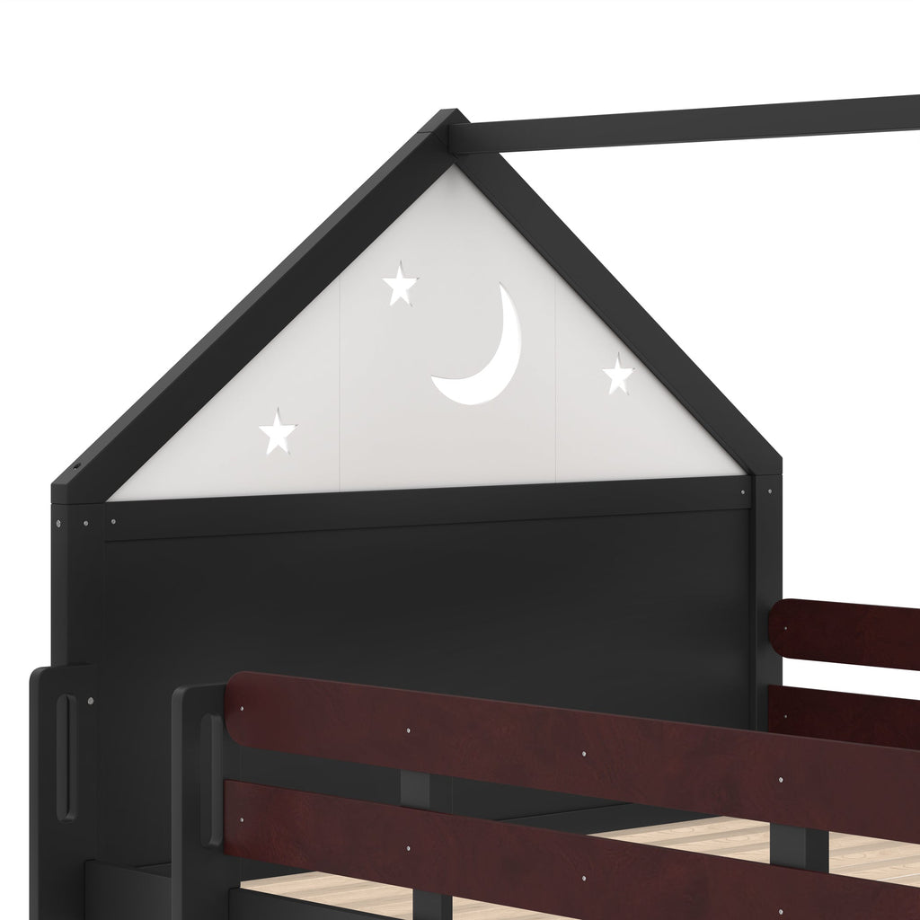Full Size Loft Bed with Bookshelf Playful Design for Kids House-Shaped Structure with Slide High-Quality Safety Rails,Black.