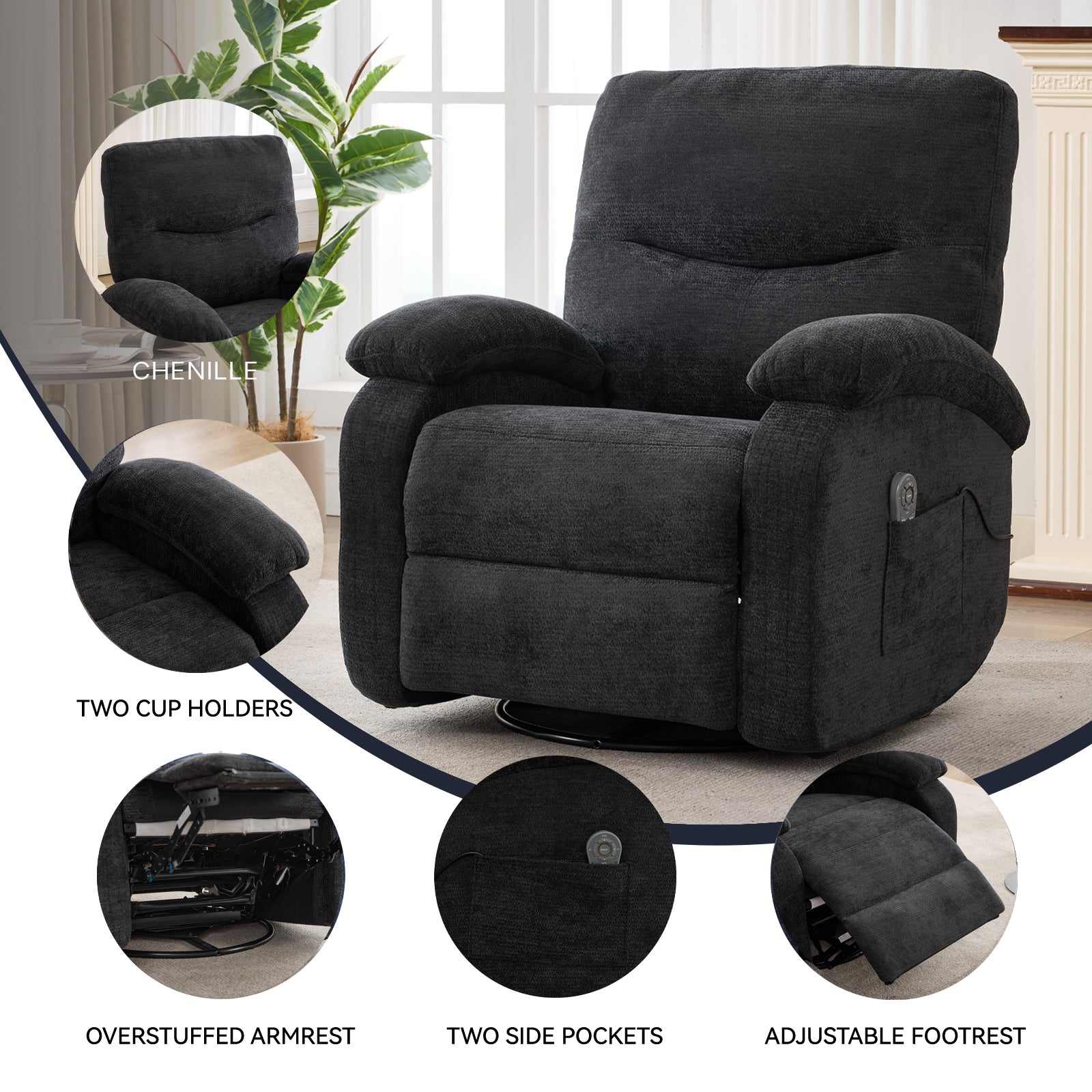 Hot massage manual lounge chair, with rocker arms and rotating fabric, with cup bucket, for living room, black