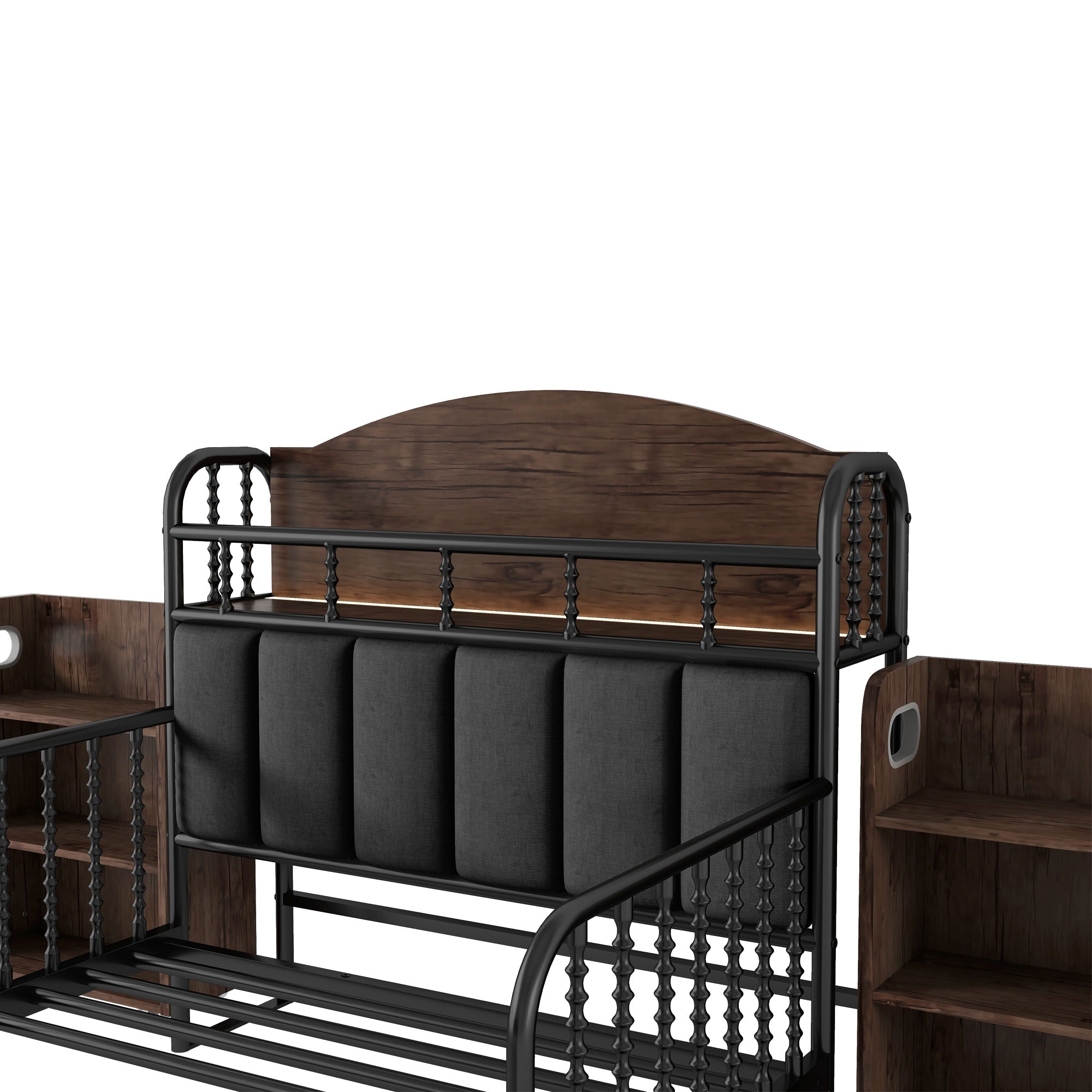 Twin Size Metal Platform Bed Frame with Light, Kids Twin Metal Bed with Upholstered and Pull Out Storage Shelves, Black (Expect Arrival Date 2025/10/5)