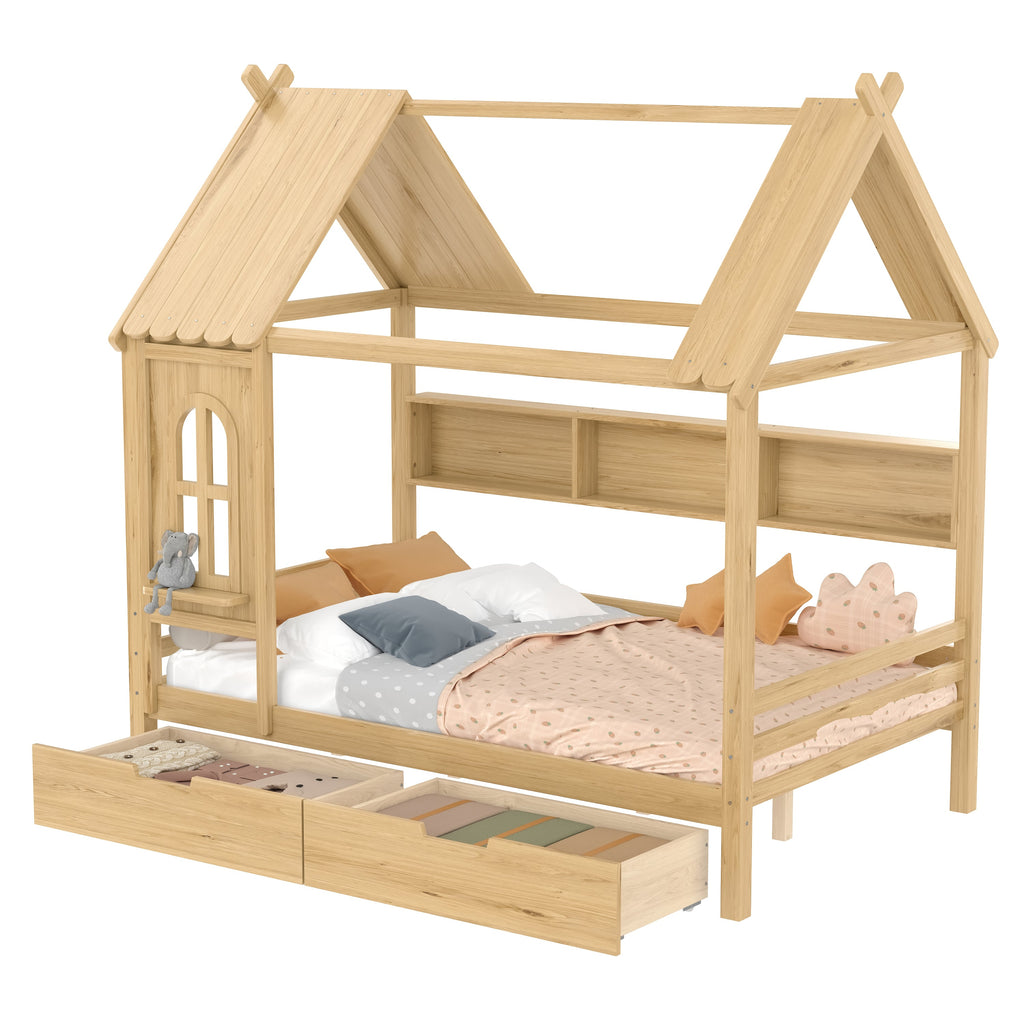 Full house Beds with Storage Drawers and Window, Solid Wood House Platform Bed Frame with shelves, for Kids, Girls, Boys, No Spring Box Needed and Childlike Design, Natural