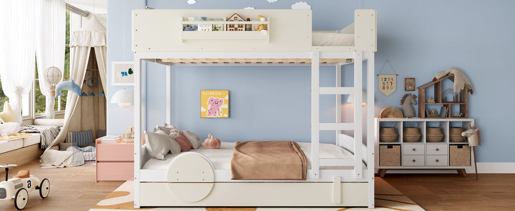 Queen Bunk Bed with Trundle , Wood Bunk Bed Frame with Built-in Bookshelf and High-quality Safety Guardrail,Automobile Form Design for Kids ,White＆ Beige.