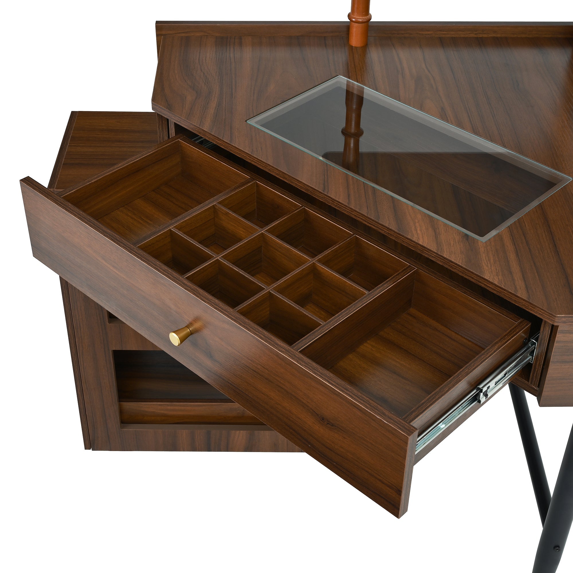 Corner Vanity Desk Set with Storage Cushioned Stool and Charging Station, Triangle Makeup Desk with Removable Pull-Out Side Cabinet, Glass Tabletop Makeup Vanity Desk with Drawer and Shelf, Walnut