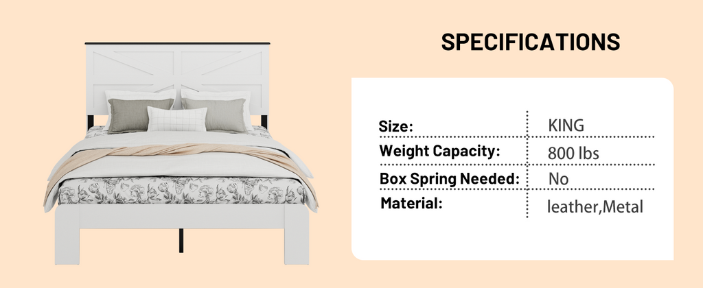 King Bed Frame Headboard , Wood Platform Bed Frame , Noise Free,No Box Spring Needed and Easy Assembly Tool,Large Under Bed Storage,White