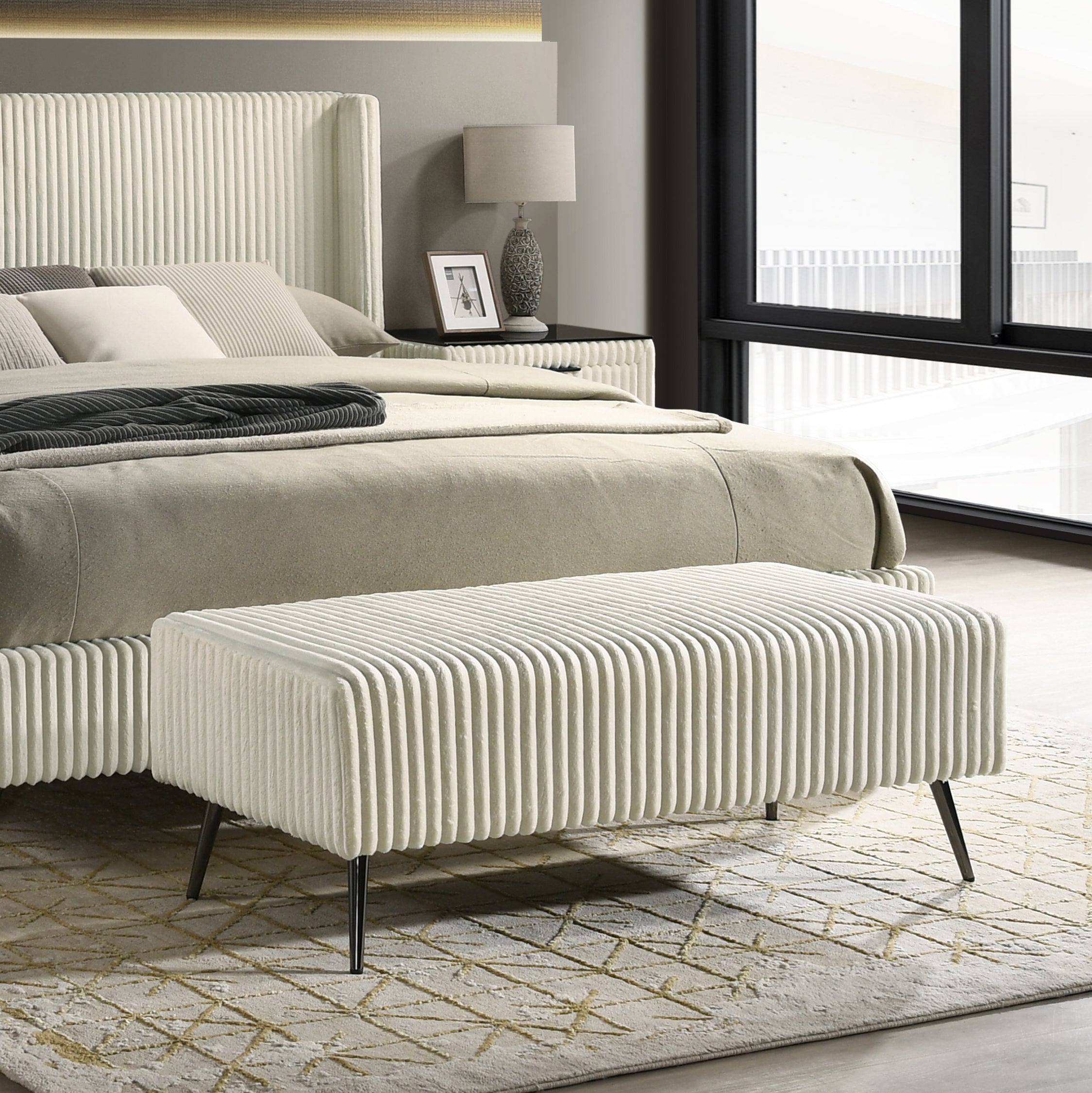 Mavela Wide Wale Corduroy Upholstery Panel King Bed with 2 Nightstands and Bench, Cream