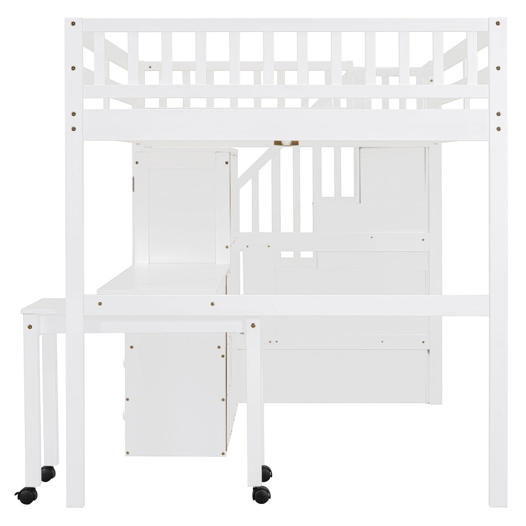 Full Size Loft Bed with Stairs, Bookshelf, Drawers, Desk & Wardrobe – Space-Saving Multifunctional Furniture for Kids & Teens-White