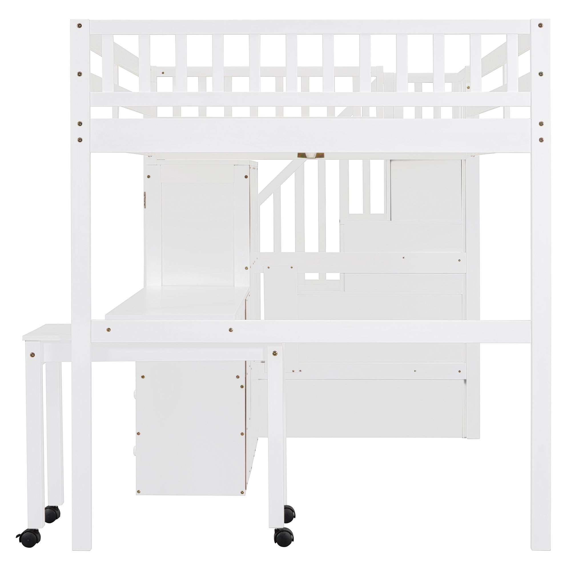 Full Size Loft Bed with Stairs, Bookshelf, Drawers, Desk & Wardrobe – Space-Saving Multifunctional Furniture for Kids & Teens-White