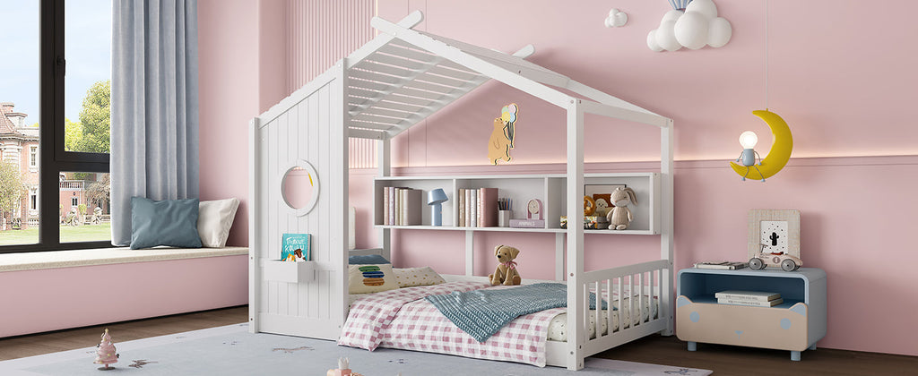 Twin Size Floor House Bed for Toddler, Kids Montessori Bed  with Storage Shelf, Playhouse Bed with Roof Design, White