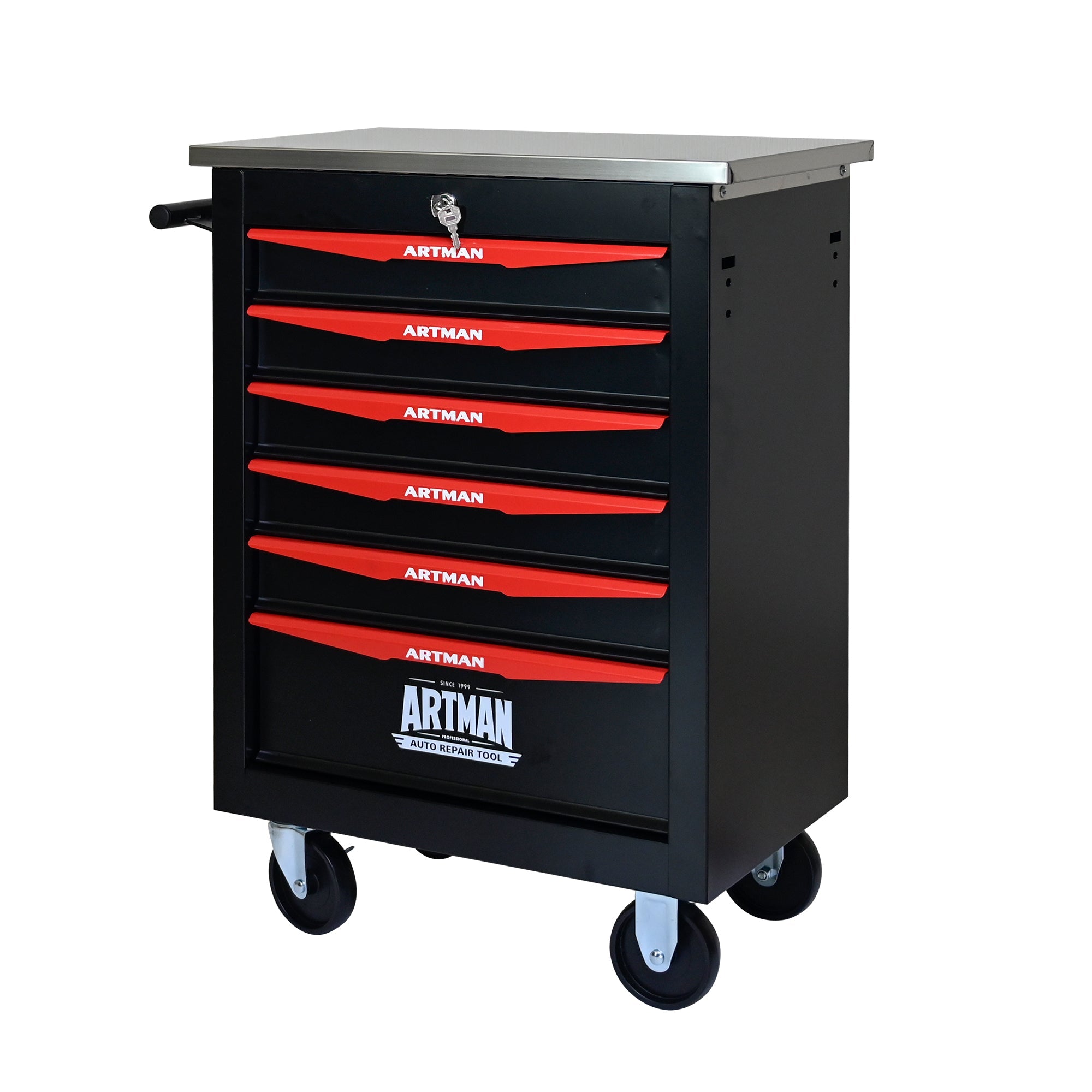 6-Drawer Multifunctional Tool Cart with Wheels, Metal Rolling Tool Cart Storage for Garage Workshop Warehouse Repair Shop - with Stainless Steel Roof - Black & Red