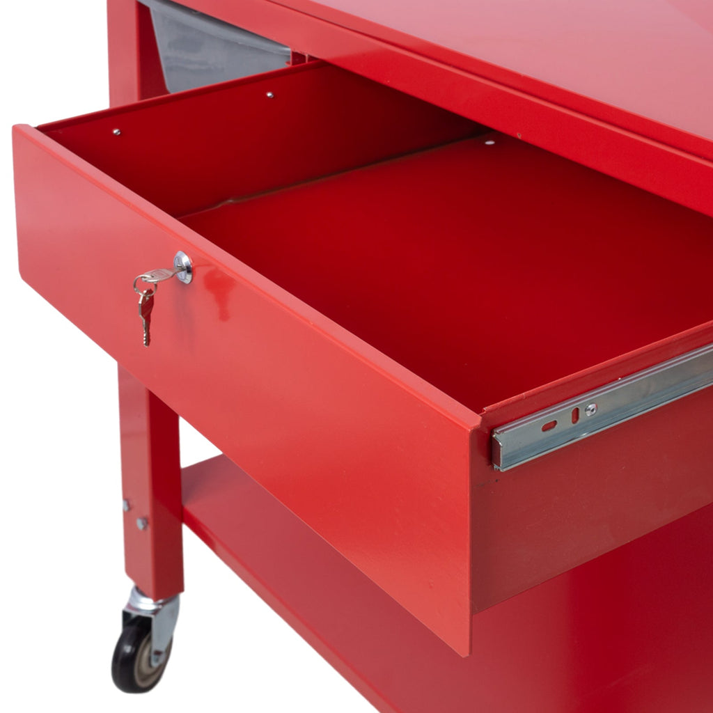 Transmission Teardown Work Station  1/2 Ton Capacity  Sloping Drain Table  Locking Drawer  Removable  Drain Basin Full-Width Lower Shelf  Four 4-Inch Caster Wheels