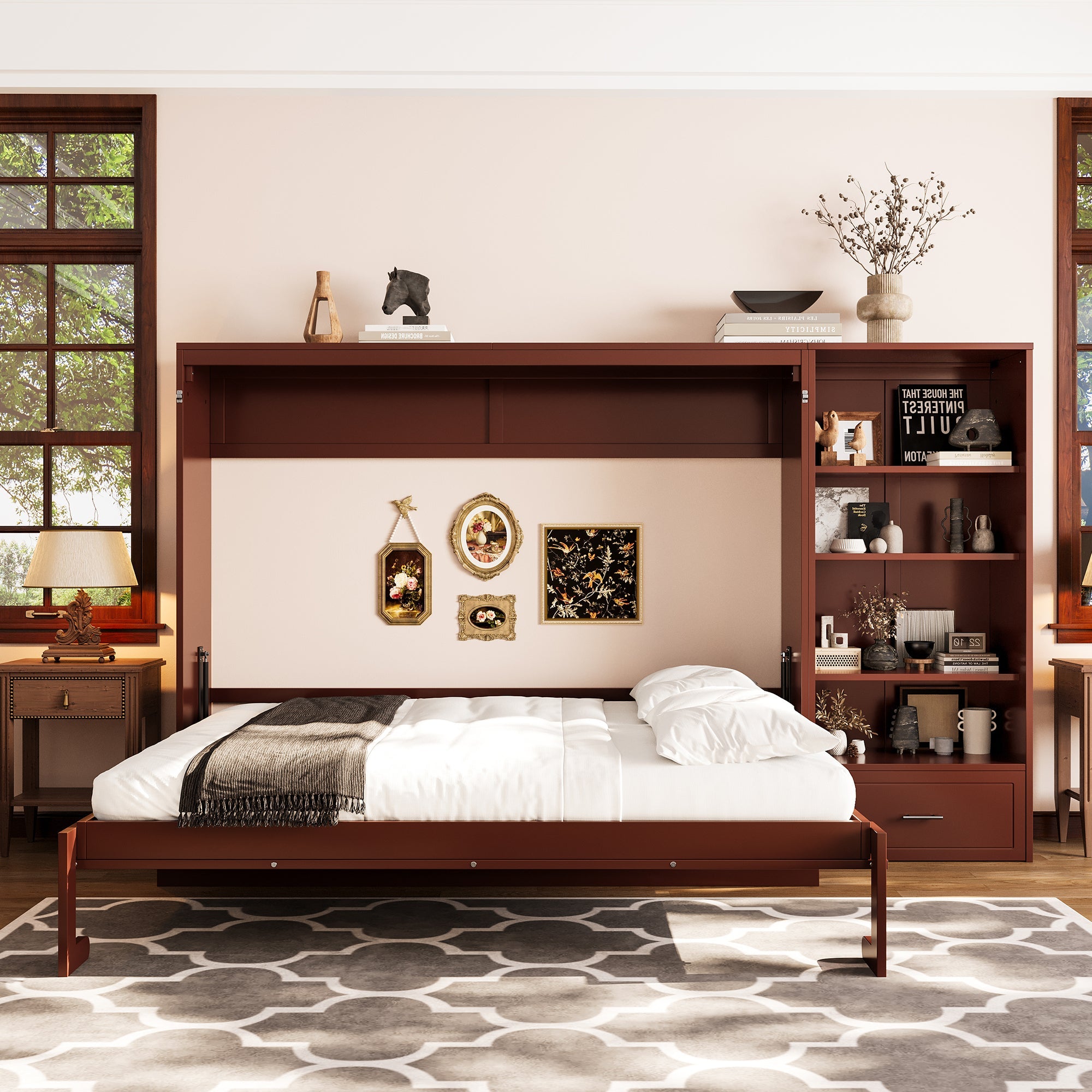 Queen Size Murphy Bed with Height Adjustable Storage Compartments and Shelf, Wall Bed Frame With 1 Drawer, Multifunctional Foldable Platform Bed for Small Space,Bedroom,Guest Room, Walnut