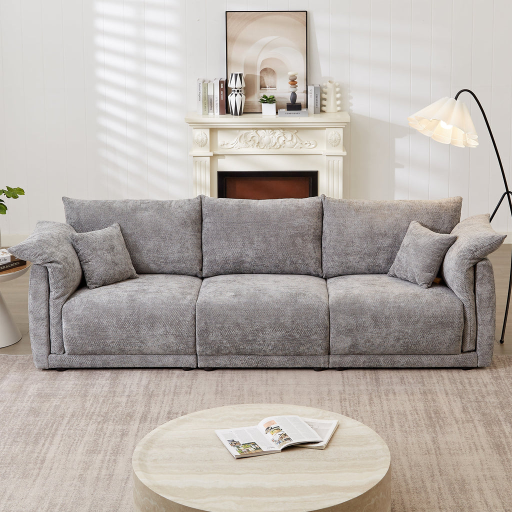 98.5' 3-seater sofa with unique design and soft arm pillows Contemporary style linen sofa with 3 comfortable cushions with 2 pillows Suitable for living room bedroom and office,grey