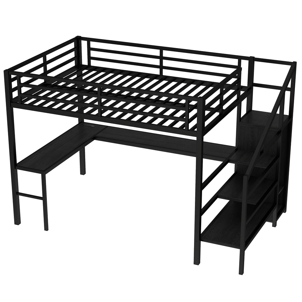 Queen Size Loft Bed with L-shaped Desk and USB, Metal Loft Bed with Wardrobe and Adjustable Shelf, High Loft Bed with LED for Kids Teens Adults, Black