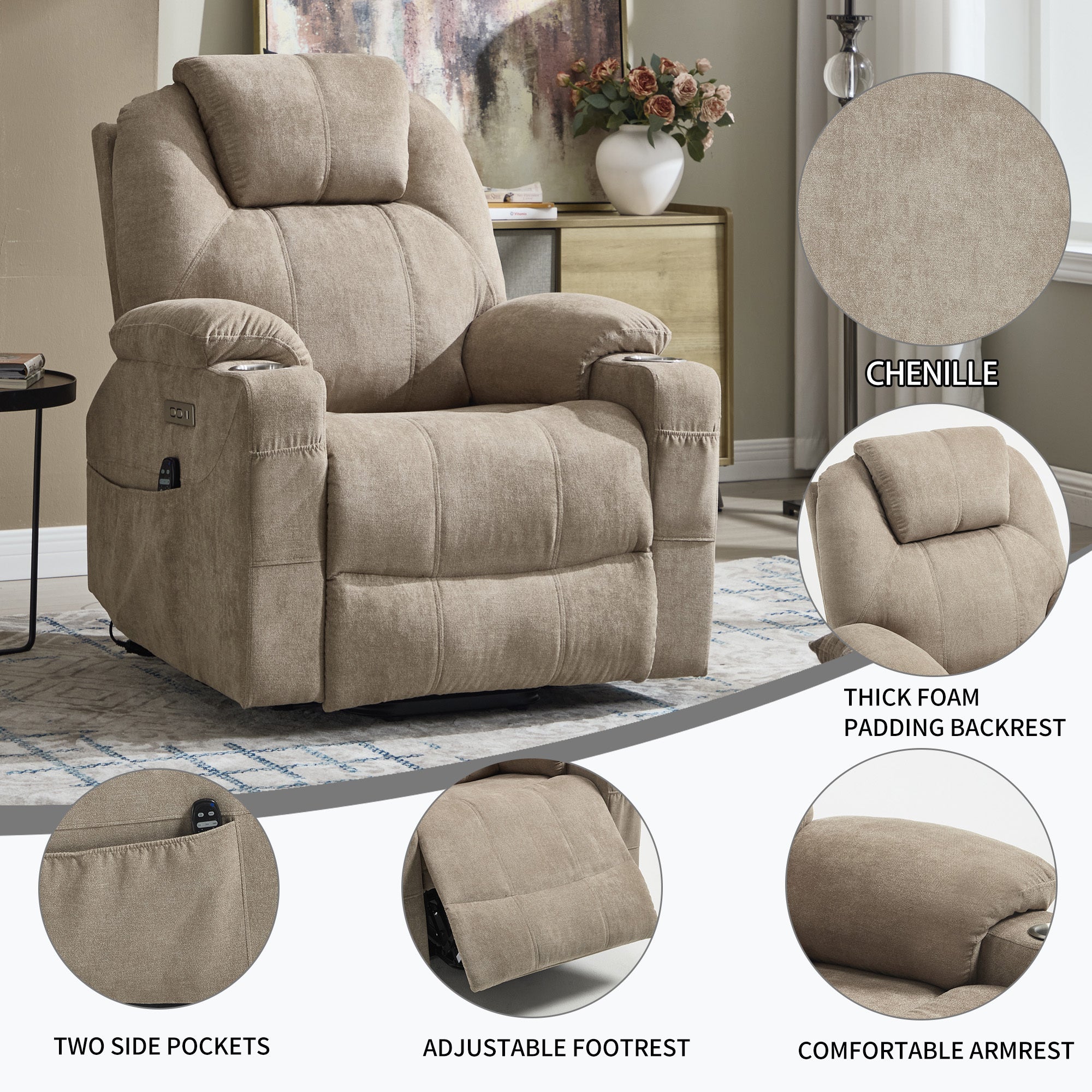 Up to 350 LBS polyester Power Lift Recliner Chair, Heavy Duty Motion Mechanism with 8-Point Vibration Massage and Lumbar Heating, USB and Type-C Ports, Stainless Steel Cup Holders, Khaki