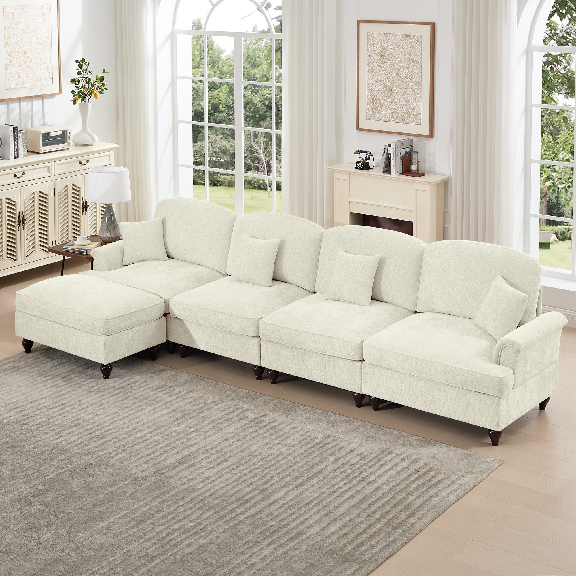 Classic Three Seater Modular L Shaped Sectional Couch with Flared Arms and Removable Ruffles Pleats Skirts and Spindle Legs, Comfy Chenille Four-Seat Deep Seat Sofa with Movable Ottoman, Beige White