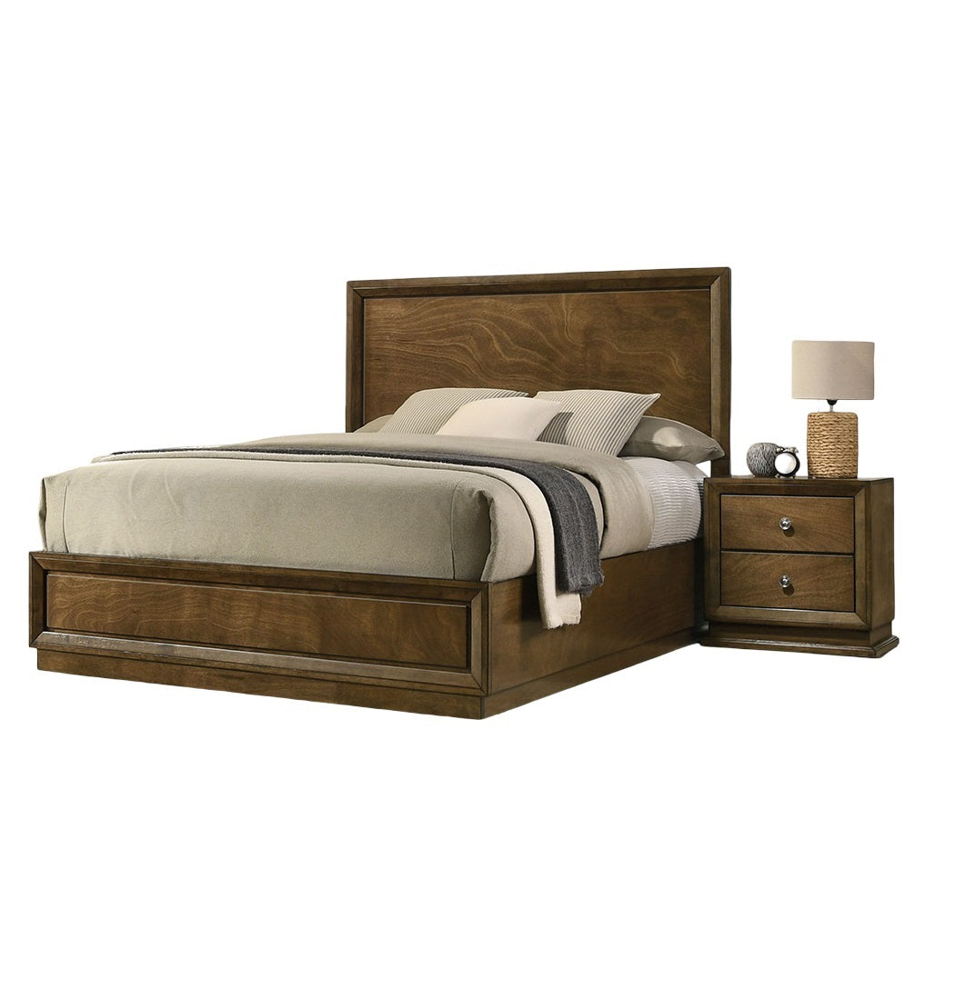 Walnut Color Transitional Style Queen Size Bed 2x Nightstands 3pc Set Bedroom Furniture Metal Knobs