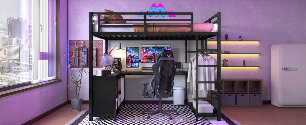 Metal Loft Bed with Wardrobe and L-shaped Desk, Full Size Loft Bed with Storage Cubes and Shelves, Loft Bed for Kids Teens Adults, Black
