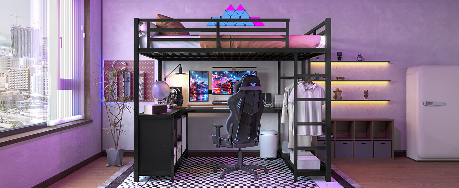 Metal Loft Bed with Wardrobe and L-shaped Desk, Full Size Loft Bed with Storage Cubes and Shelves, Loft Bed for Kids Teens Adults, Black