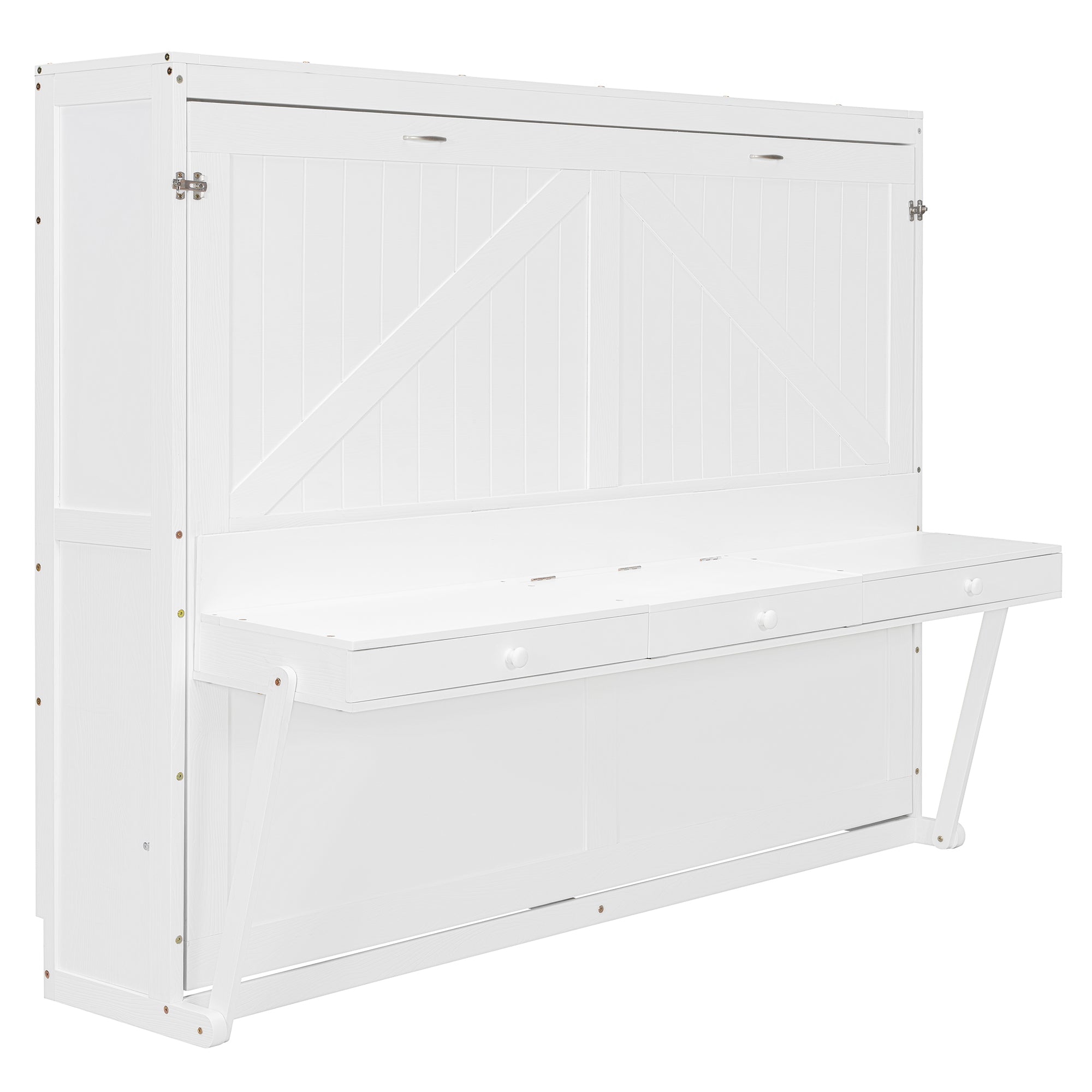 Queen Size Wall Murphy Bed with Storage, Foldable Cabinet Bed with Vanity Desk, Center Mirror & 2 Side Drawers, White