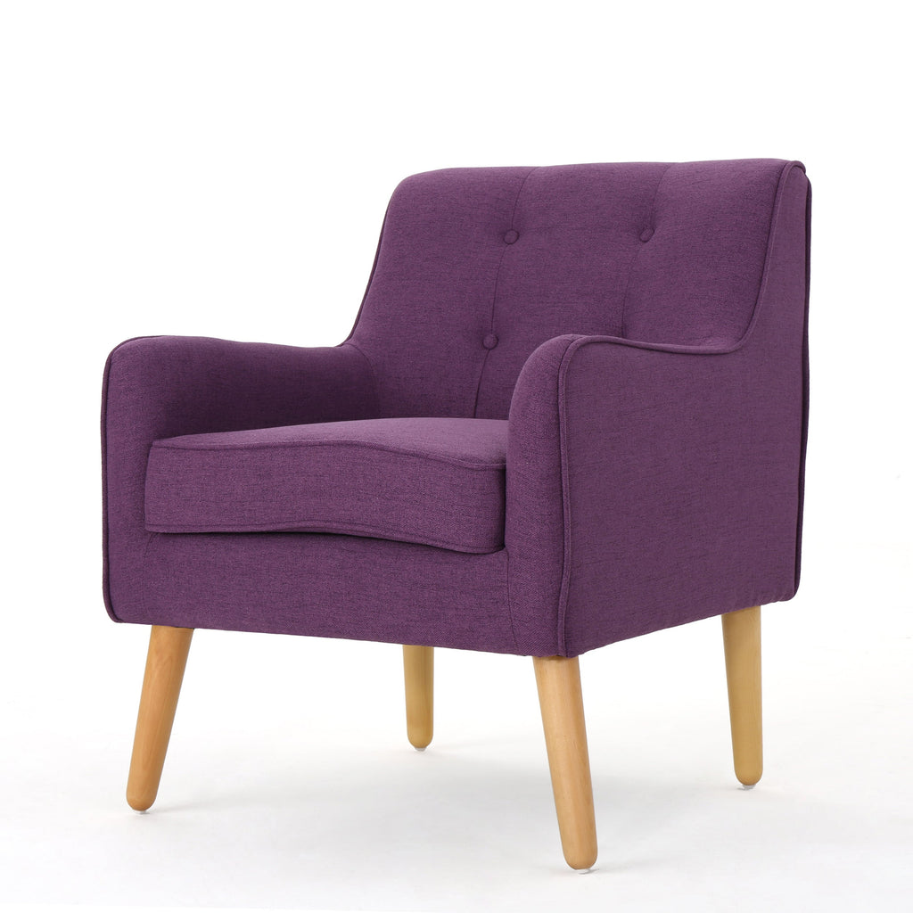Mid-Century Modern Arm Chair with Tufted Back in Purple Fabric and Birch Wood Legs