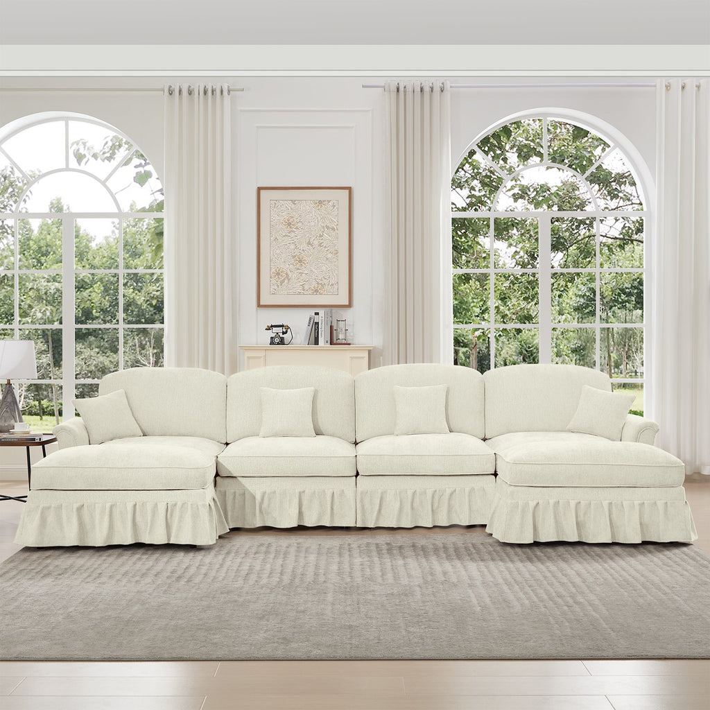 Classic U Shape 4 Seater Modular Sectional Sofa Couch with Flared Arms and Removable Ruffles Pleats Skirts and Spindle Legs, Chenille Deep Seat Cloud Sofa with Movable Ottomans, Beige White