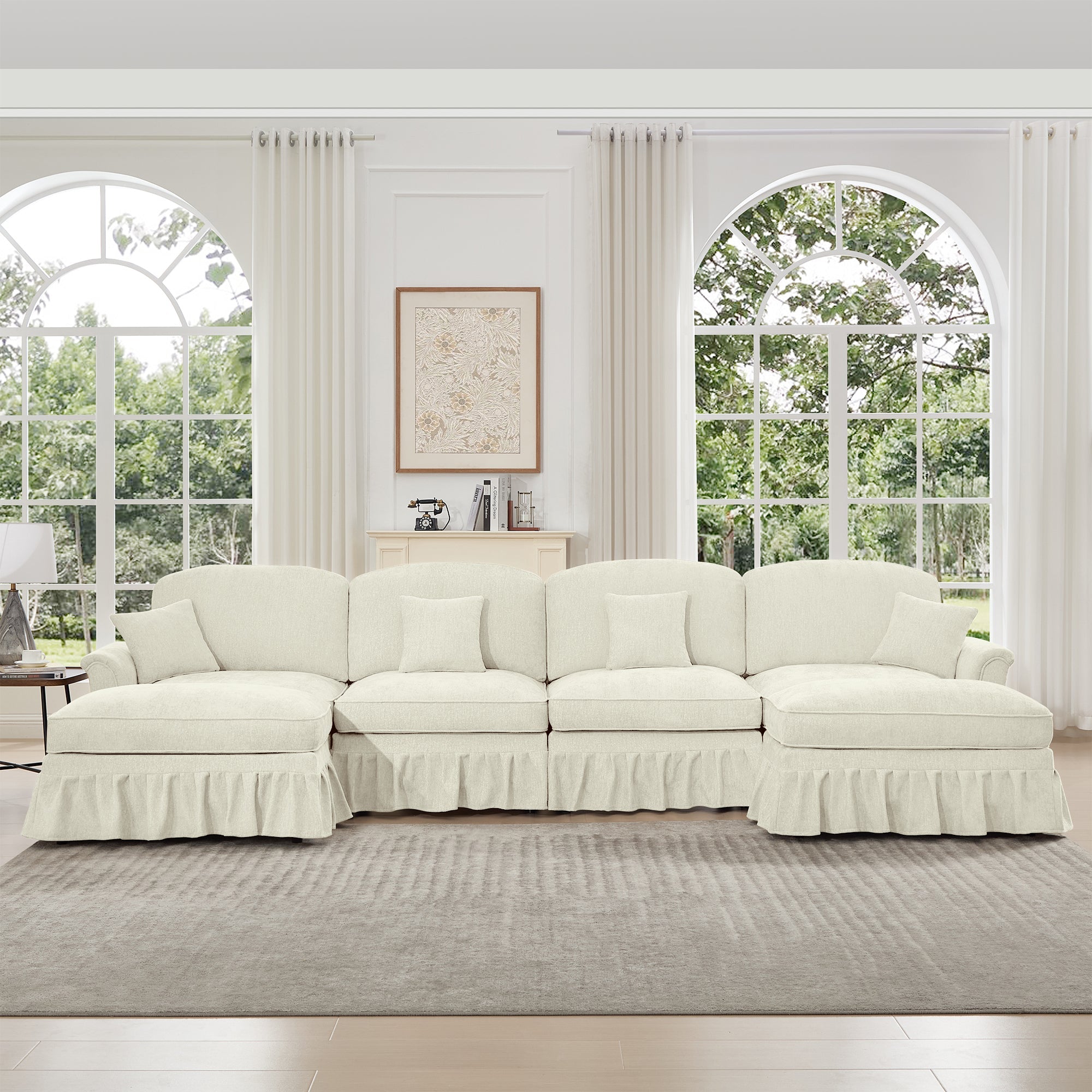 Classic U Shape 4 Seater Modular Sectional Sofa Couch with Flared Arms and Removable Ruffles Pleats Skirts and Spindle Legs, Chenille Deep Seat Cloud Sofa with Movable Ottomans, Beige White