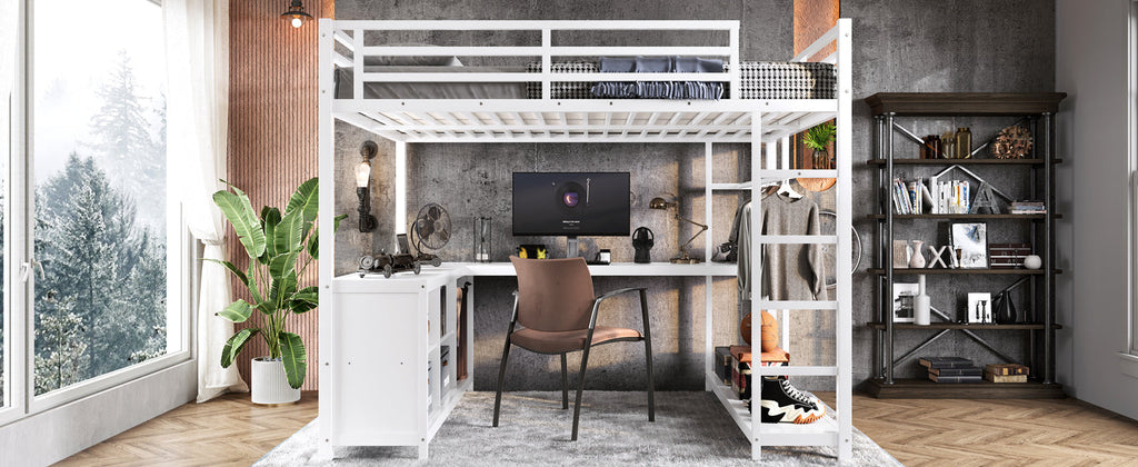 Metal Loft Bed with Wardrobe and L-shaped Desk, Queen Size Loft Bed with Storage Cubes and Shelves, Loft Bed for Kids Teens Adults, White