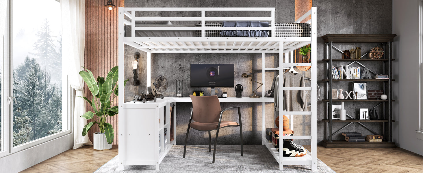 Metal Loft Bed with Wardrobe and L-shaped Desk, Queen Size Loft Bed with Storage Cubes and Shelves, Loft Bed for Kids Teens Adults, White