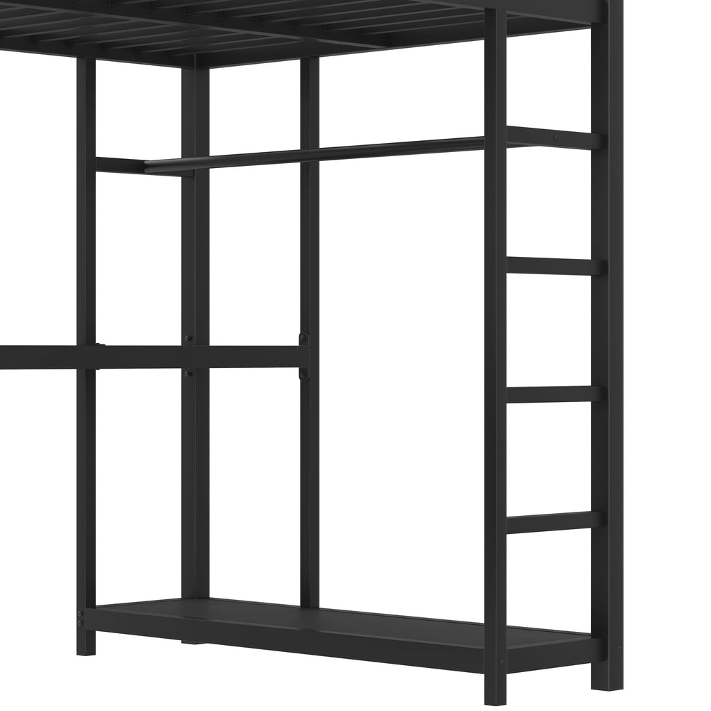 Metal Loft Bed with Wardrobe and L-shaped Desk, Twin Size Loft Bed with Storage Cubes and Shelves, Loft Bed for Kids Teens Adults, Black