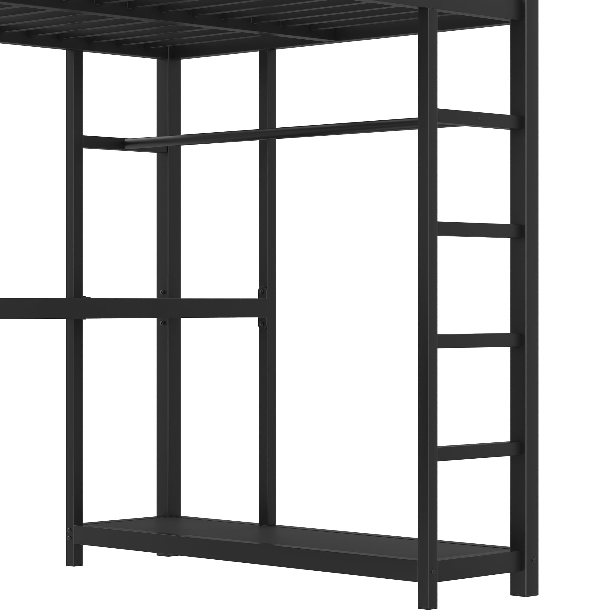 Metal Loft Bed with Wardrobe and L-shaped Desk, Twin Size Loft Bed with Storage Cubes and Shelves, Loft Bed for Kids Teens Adults, Black