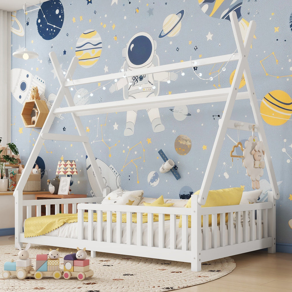 Twin House Bed with Light, Low Floor House Bed with Fence and Roof for Kids Boys Girls,White(Expect arrive date 2025/7/20)