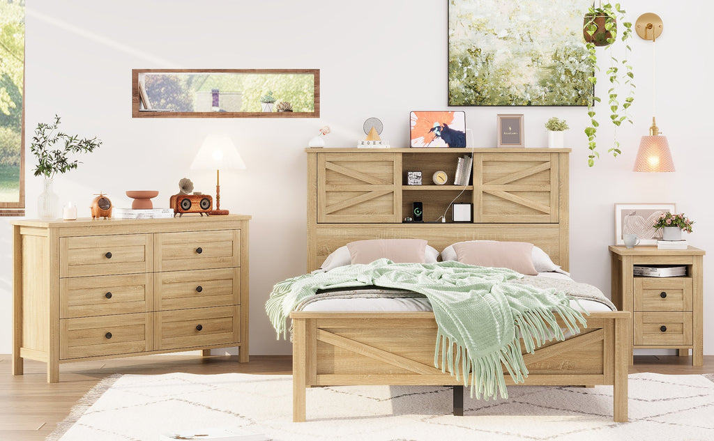 3-Pieces Bedroom Sets Full Size Farmhouse Platform Bed with Double Sliding Door Storage Headboard and Charging Station, Storage Nightstand and Dresser, Natural
