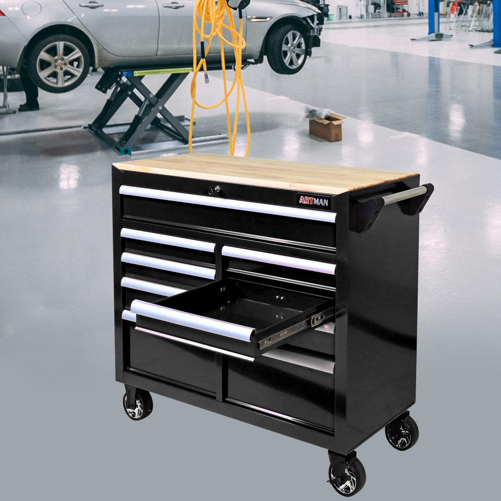 9-Drawer Multifunctional Steel Tool Cart with Wheels and Wooden Top, Black