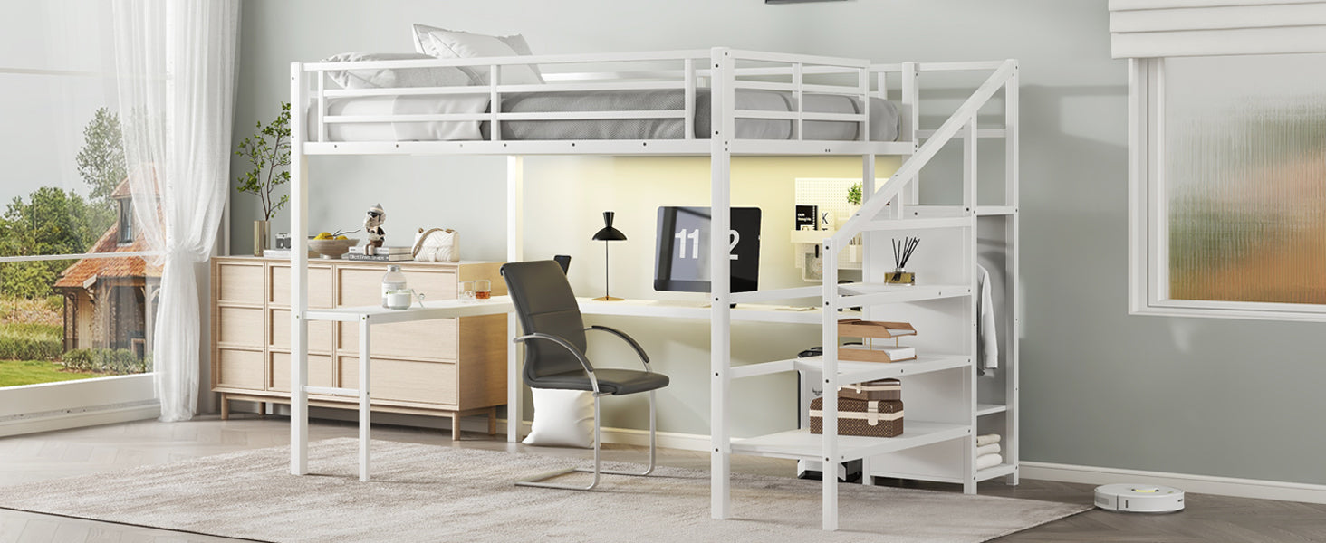 Queen Size Loft Bed with L-shaped Desk and USB, Metal Loft Bed with Wardrobe and Adjustable Shelf, High Loft Bed with LED for Kids Teens Adults, White