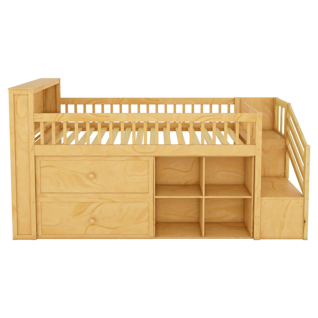 Twin Size Loft Bed with LED and Bookshelf, Wood Low Loft Bed with Stairs, Kids Twin Loft Bed with Storage Drawers and Shelves, Natural (Expect Arrival Date 2025/1/20)