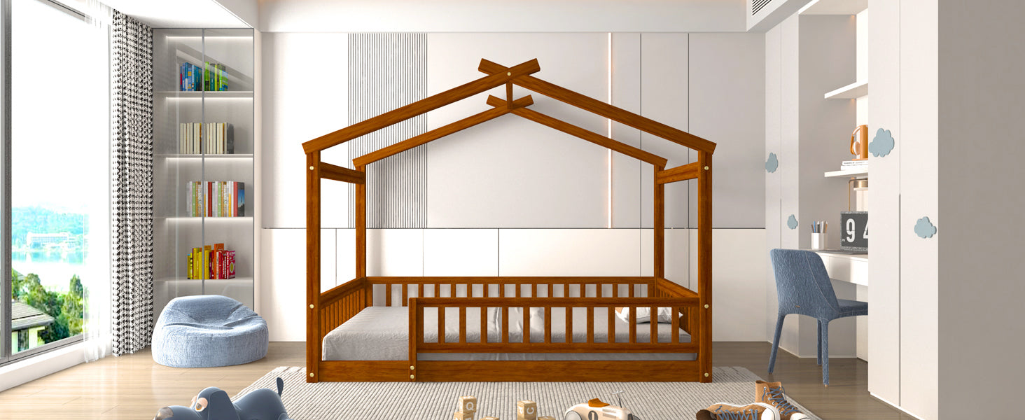 Full Size Wood Bed House Bed Frame with Fence, for Kids, Teens, Girls, Boys,Walnut