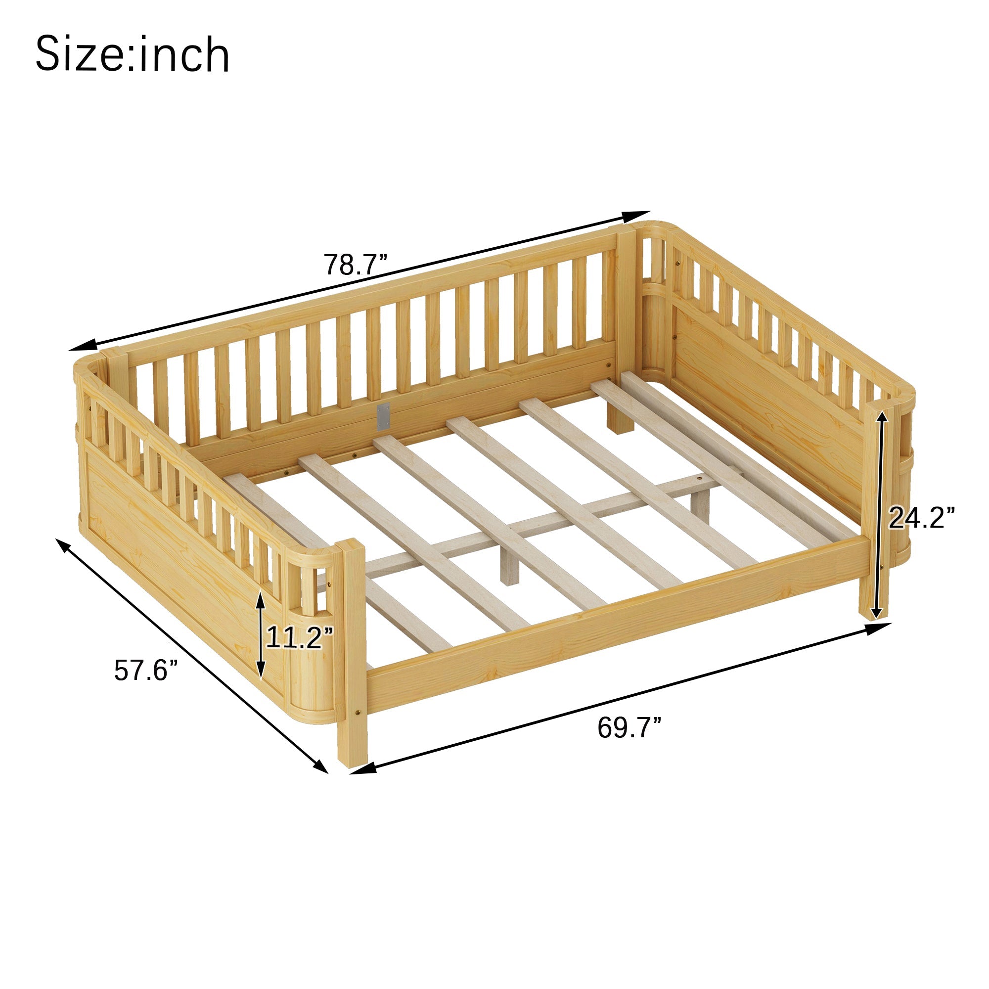 Full Size Wood Platform Bed for Kids, Wood Low Profile Full Bed with Rails for Girls and Boys, Natural (Patented Design, Old SKU W2593P233781)