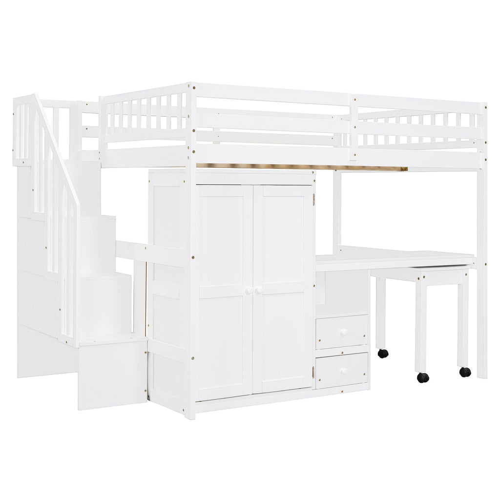 Full Size Loft Bed with Stairs, Bookshelf, Drawers, Desk & Wardrobe – Space-Saving Multifunctional Furniture for Kids & Teens-White