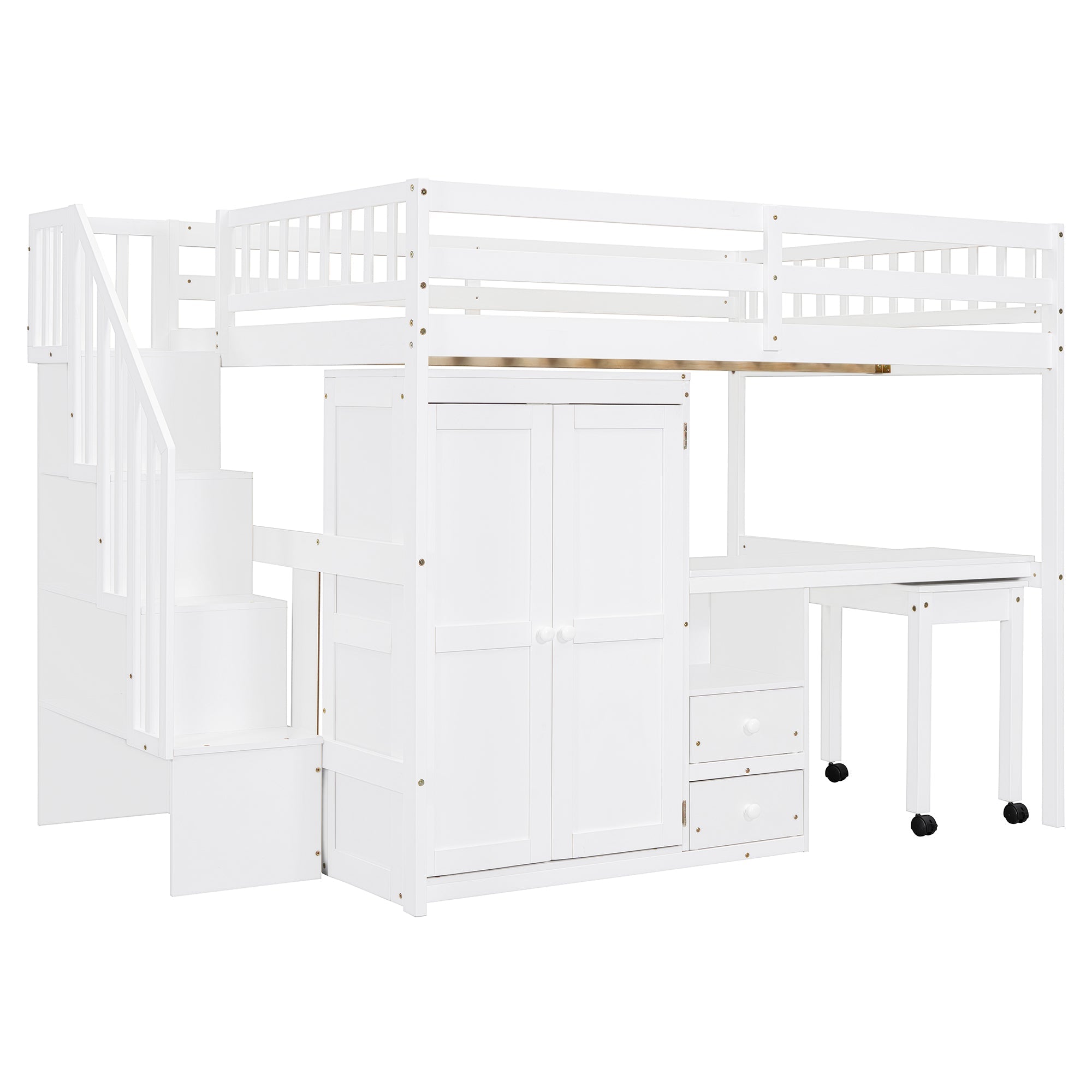 Full Size Loft Bed with Stairs, Bookshelf, Drawers, Desk & Wardrobe – Space-Saving Multifunctional Furniture for Kids & Teens-White