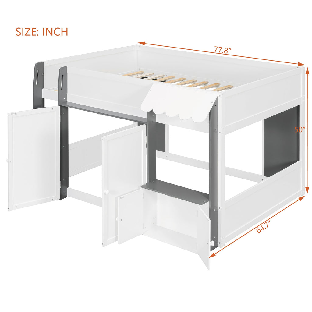 Full Loft House Bed with Playhouse & Storage, Modern Wood Cabin Bed for Kids/Teens, White+Gray
