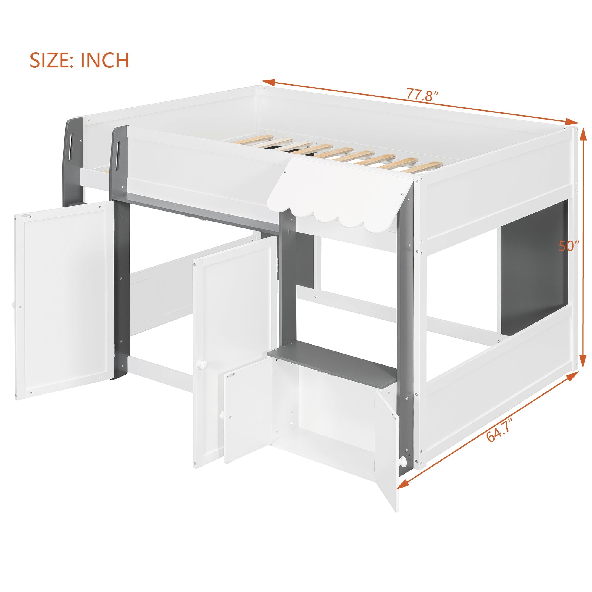 Full Loft House Bed with Playhouse & Storage, Modern Wood Cabin Bed for Kids/Teens, White+Gray