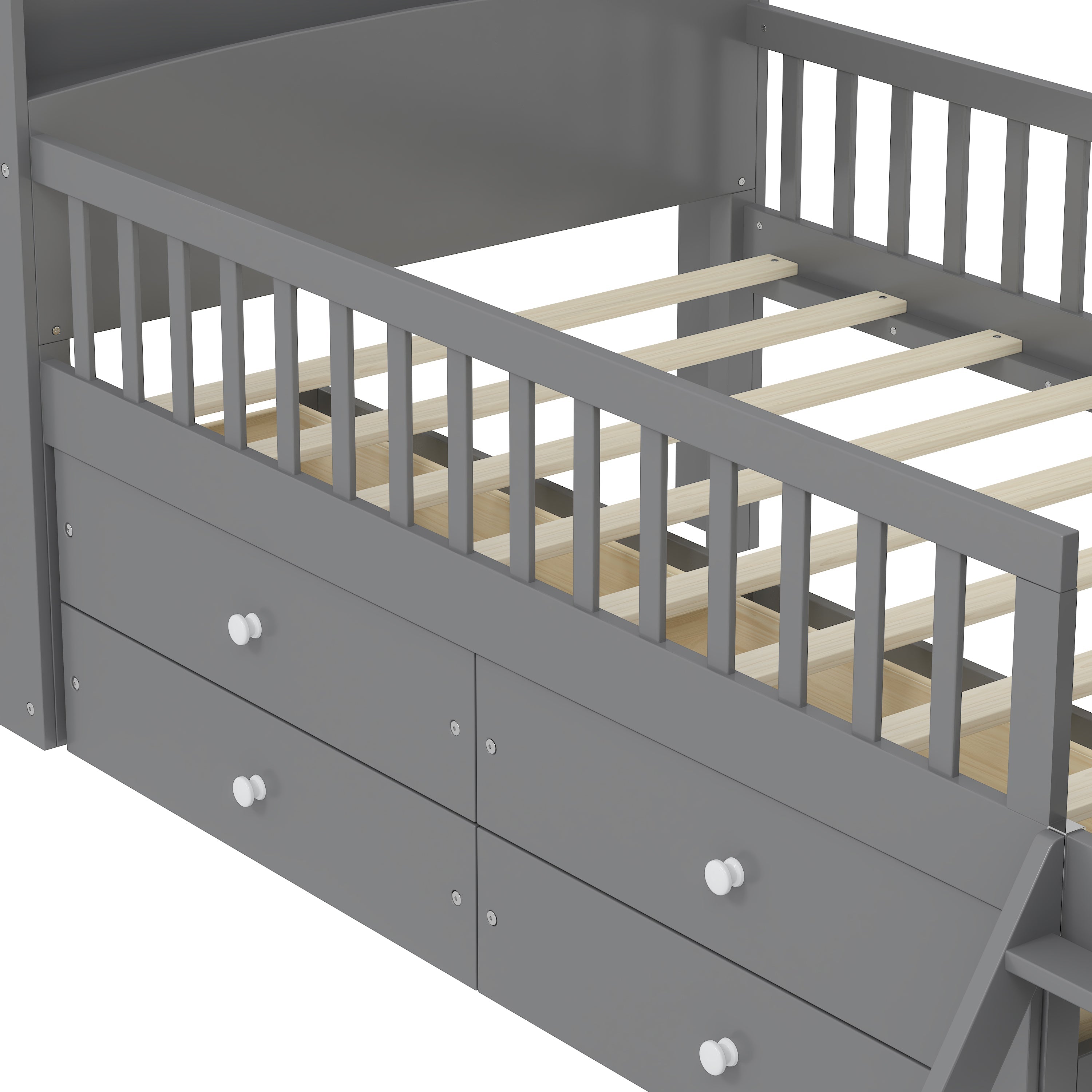 Twin Bed Frame with Storage 4 Drawers,Wooden Bed Frame for Kids,Platform Twin Size Bed with Guardrail Headboard and Ladder, No Box Spring Needed, Easy Assembly, Gray