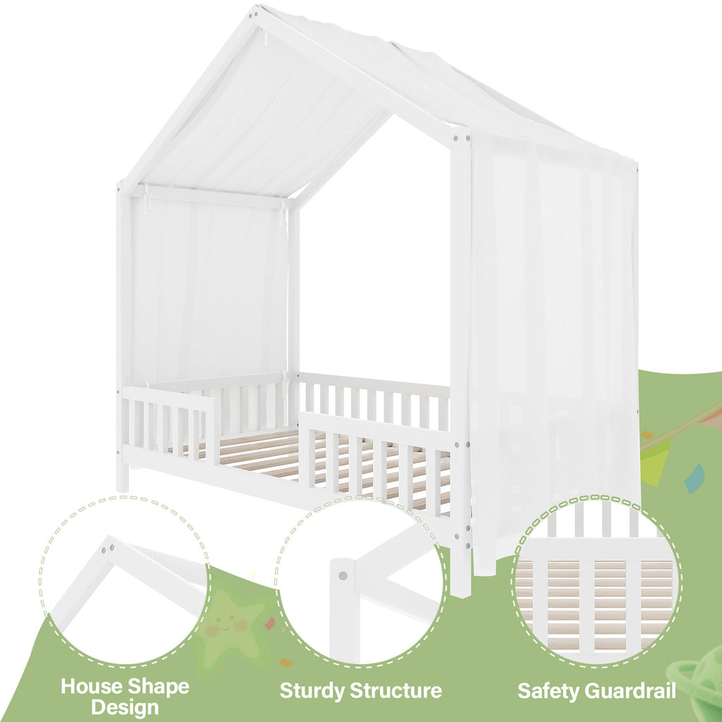 Montessori Floor Bed with Canopy, Twin Bed Frame for Kids, House Shape Kids Bed Frame with High Railings, Wood Kids Bed with Roof, Kid Twin Bed, White