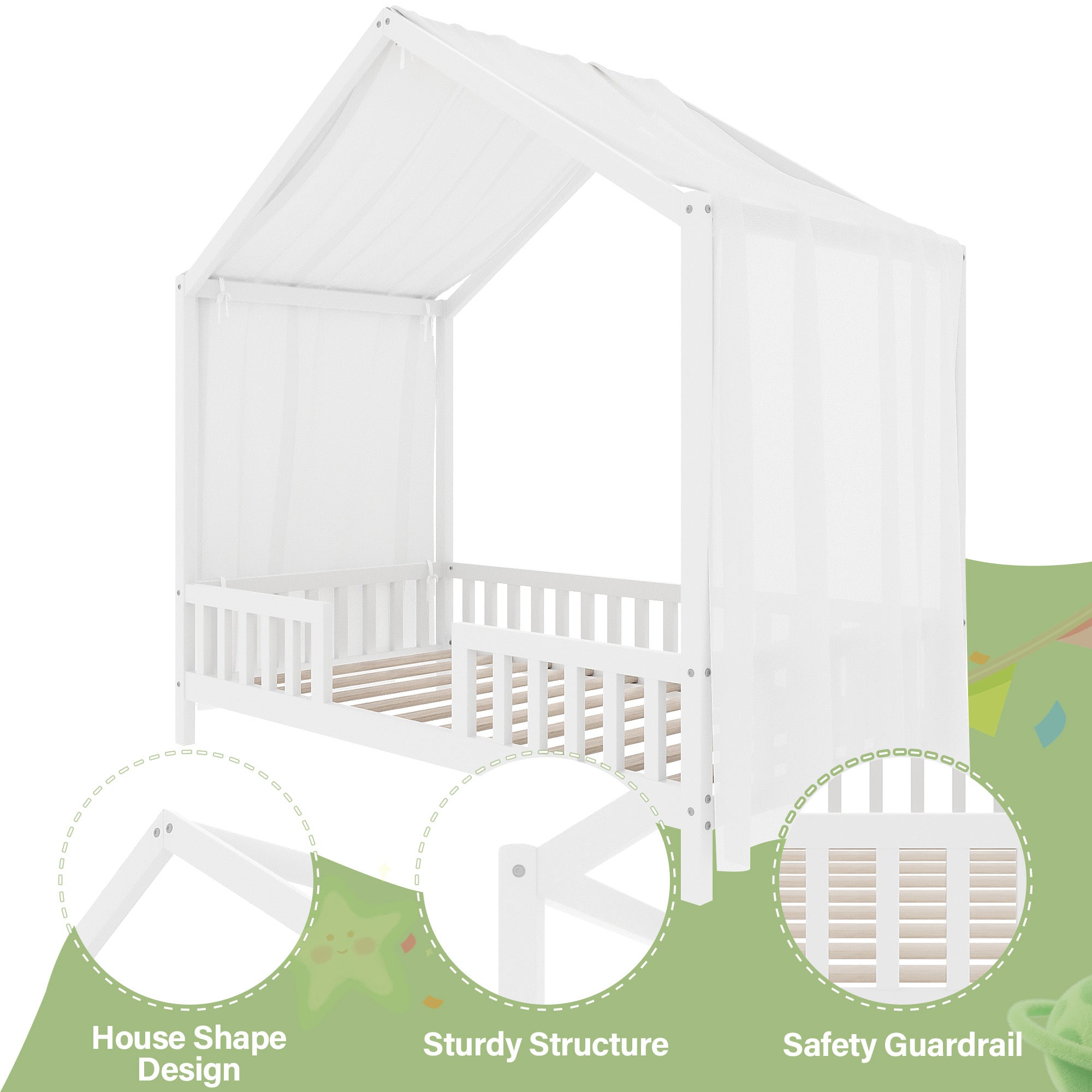 Montessori Floor Bed with Canopy, Twin Bed Frame for Kids, House Shape Kids Bed Frame with High Railings, Wood Kids Bed with Roof, Kid Twin Bed, White