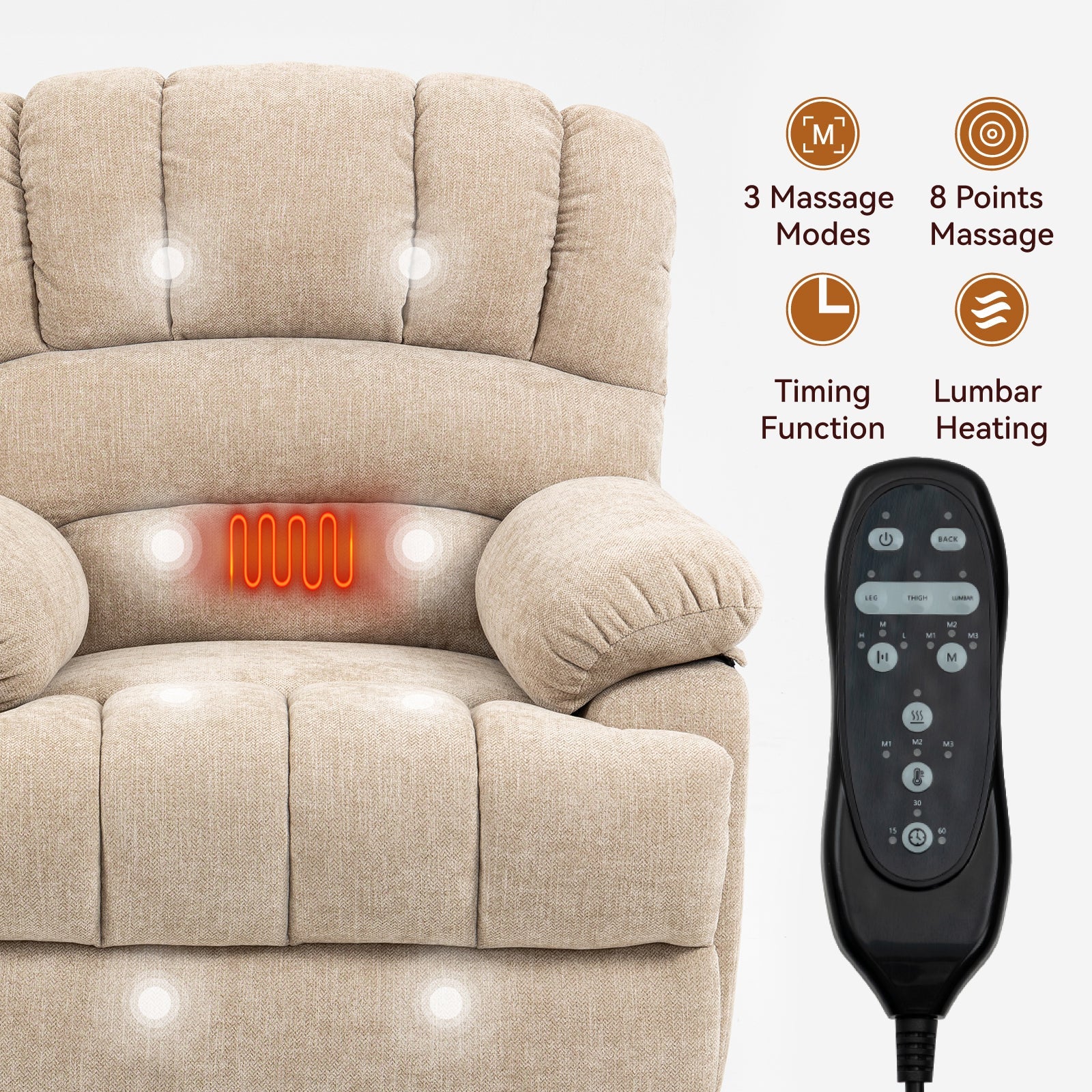 23' Seat Width and High Back Large Size Beige Chenille Power Lift Recliner Chair with 8-Point Vibration Massage and Lumbar Heating