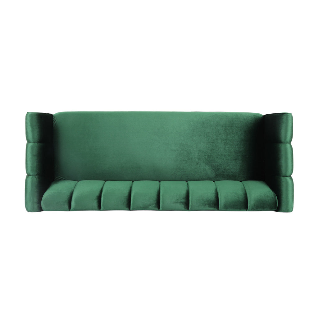 Miranda Velvet 3-Seater Sofa with Channel Stitching in Emerald Velvet and Birch Wood Legs