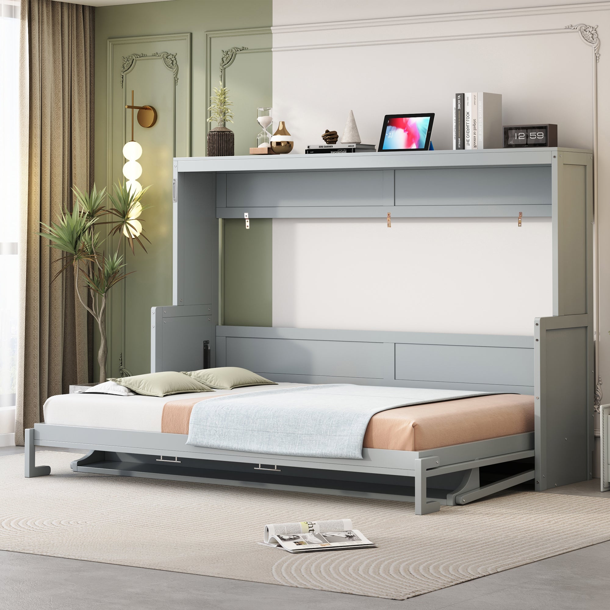 Queen Size Murphy Bed with Hydraulic Lift & Desk Design, Gray(OLD SKU: N820S00033E)