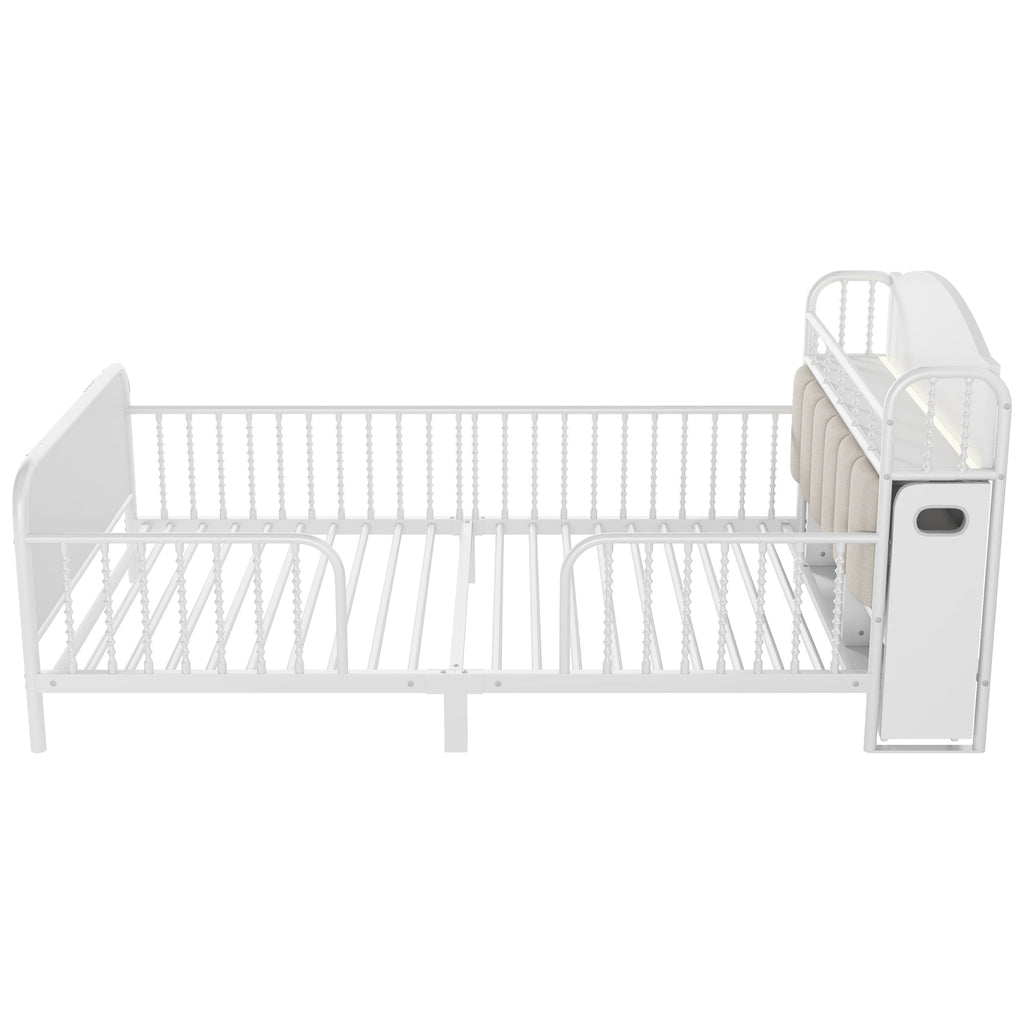 Twin Size Metal Platform Bed Frame with Light, Kids Twin Metal Bed with Upholstered and Pull Out Storage Shelves, White (Expect Arrival Date 2025/10/5)