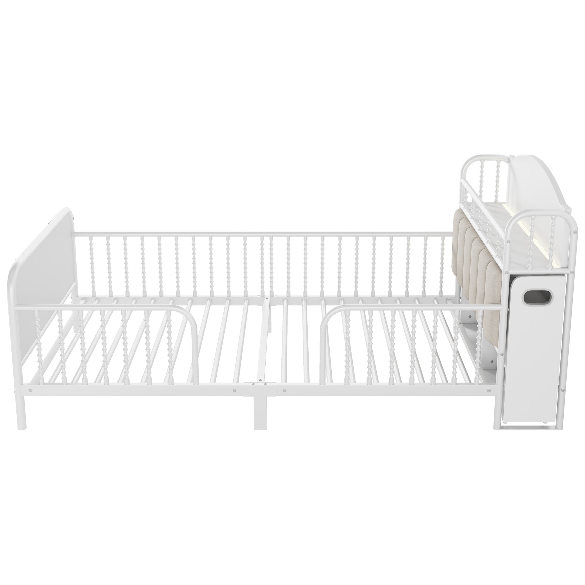 Twin Size Metal Platform Bed Frame with Light, Kids Twin Metal Bed with Upholstered and Pull Out Storage Shelves, White (Expect Arrival Date 2025/10/5)
